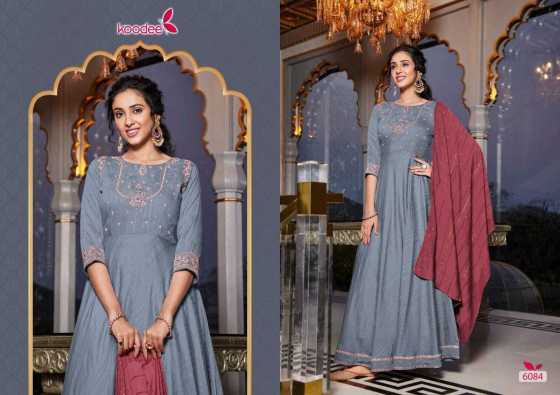 KOODEE-SUNDRA-3-FANCY-VISCOSE-WITH-PURE-VISCOSE-JACQUARD-DOBBY-DUPATTA-WITH-EMBROIDERY-KHATLI-WORK-KURTI-CATALOGUE-4