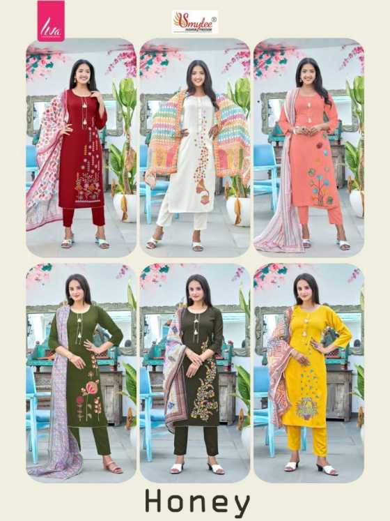 SMYLEE-HONEY-HEAVY-RIYON-LIVA-APPROVED-KURTI-PANT-DUPATTA-CATALOGUE-1